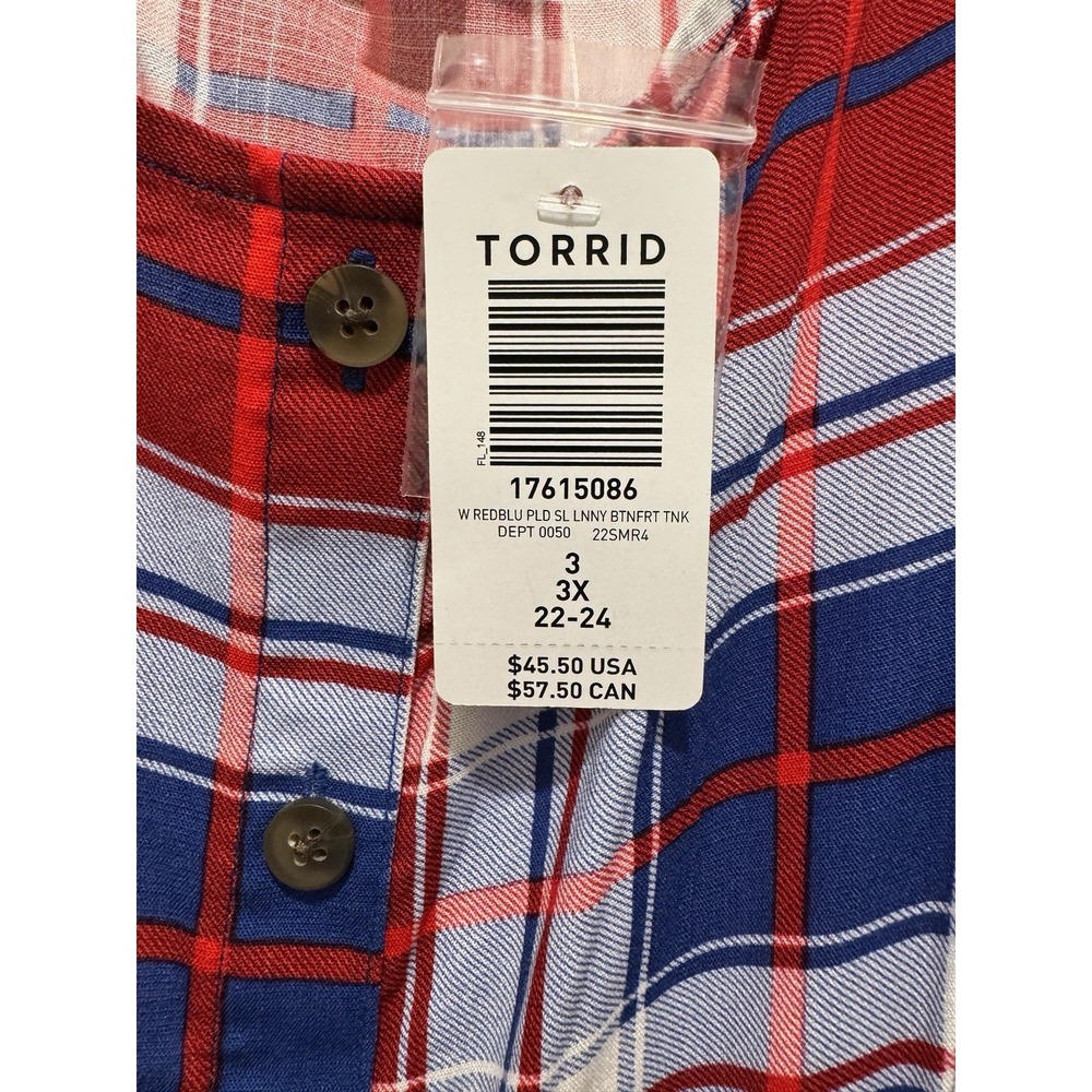 Torrid 3X Slub Button Front Tank Plaid Rayon Red White Blue ( 22-24) Top - Picture 4 of 6